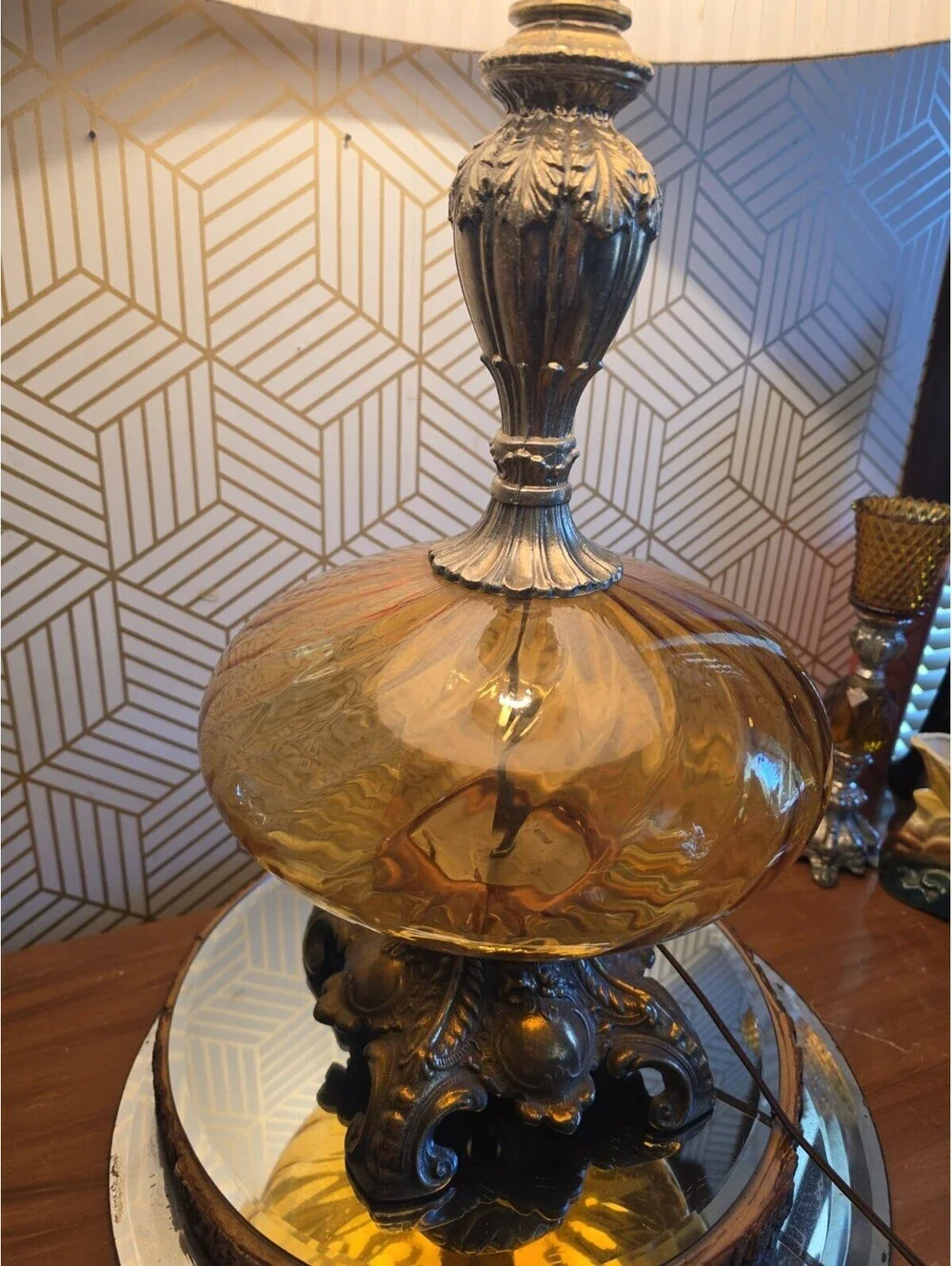 Vintage Midcentury Hollywood Regency Amber Glass Optic Swirl Globe Table Lamp